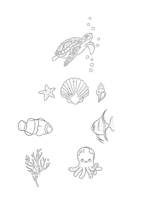 Tiny Sea Animal Tattoo, Fine Line Sea Shell Tattoo, Simple Sea Creature Tattoo, Fine Line Sea Tattoo, Sea Tatoos The Ocean, Small Sea Tattoo, Shell Line Drawing, Clownfish Tattoo, Small Line Art Tattoos