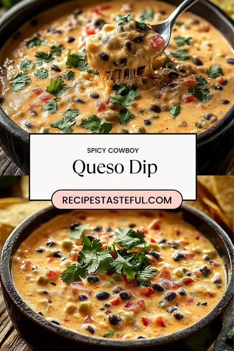 A creamy and spicy dip packed with melted cheese, seasoned beef, and a perfect blend of spices—this Spicy Cowboy Queso Dip is a crowd-pleaser at any gathering. Perfect for pairing with tortilla chips, veggies, or your favorite appetizers! #CowboyQueso #SpicyDip #GameDayEats Cowboy Chip Dip, Queso Verde Dip, Hot Queso Dip Crock Pot, Mexican Caso Dip Recipes, Spicy Sausage Queso Dip, Chili Cheese Queso Dip, Fuzzy Taco Queso Recipe, Queso Chip Dip, Chorizo Dip Crockpot