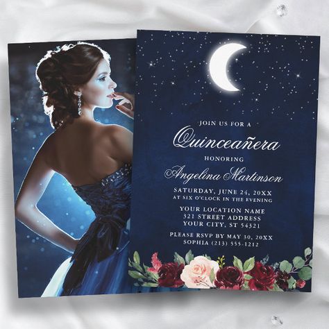 Celestial Moon Stars Floral Photo Quinceanera Invitation Starry Night Quinceanera Invitations, A Night Under The Stars Invitation, Navy Blue And Silver Invitations, Stary Night Quince, Star Quinceanera Theme, Celestial Quinceanera, Midnight Blue Quinceanera Theme, Starry Night Invitation, Under The Stars Quinceanera Theme