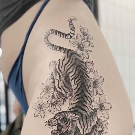 Tiger With Flowers, Blossom Tattoo, Cherry Blossom Tattoo, Cherry Blossom Flowers, Tiger Tattoo, Tattoos Gallery, Thigh Tattoo, Tattoo Artists, Flower Tattoo