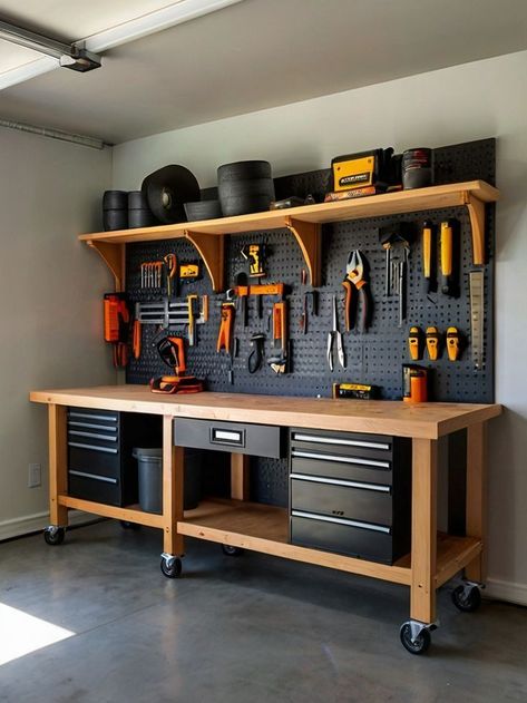 Workbench Tool Organization, Garage Workspace Ideas, Small Garage Workshop Ideas, How To Organize Tools In Garage, Garage Studio Ideas, Garage Set Up Ideas, Garage Work Bench Ideas, Garage Accent Wall, Organize Garage Ideas