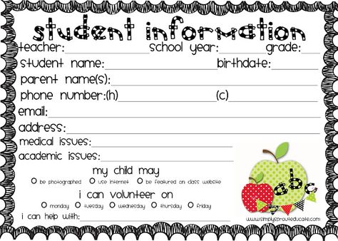 freebie printable student information card, great way to keep track of student information. Great ideas for back to school. Student Information Sheet, Student Info, Back To School Night, Teacher Binder, Student Information, School Night, Word Document, Information Card, Meet The Teacher