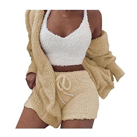 PRICES MAY VARY. HIGH QUALITY MATERIAL - Our Warm Fuzzy Pajamas for Women is Made of Soft Fleece Sherpa, the Fuzzy Fleece Fabric is So Warm that Keep You Never Feel Cold in Spring, Autumn and Winter. FEATURE - 3 Piece Outfit Pajamas, including Fuzzy Sherpa Fleece Open Front Cardigan, Sleeveless Crop Tops Vest, Elastic Waist Shorts with Drawstring. SIZE - Please Check SIZE CHART On the Last Picture Before your Order our fuzzy fleece 3 piece outfits pajamas. If you are plump, please select one siz Fuzzy Pajamas, Outfit Pajamas, Outfits Pajamas, Sleeveless Crop Tops, Pajamas Party, Winter Pajamas Women, Cardigan Sleeveless, Fleece Outfit, Warm Pajamas