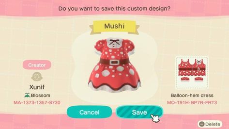 Acnh Mushroom, Acnh Motifs, Acnh Spring, Animal Crossing Town Tune, Mushroom Outfit, Mushroom Dress, Acnh Outfits, Animal Crossing New Horizon, Clothing Codes