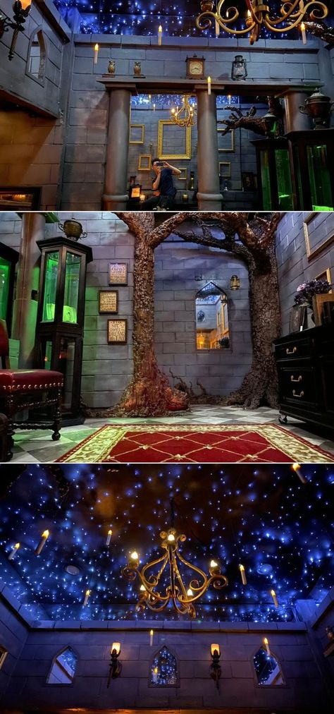 Brian Thompson, a barista in Thousand Oaks, California, has created the most enchanting bedroom by transforming it into the magical world of Hogwarts. His Hogwarts bedroom is a mesmerizing blend of “Forbidden Forest”, the Great Hall and Gryffindor Common Room from the Harry Potter movie series. Hogwarts Great Hall Ceiling, Great Hall Decorations Harry Potter, Hogwarts Office Ideas, Hogwarts Inspired House, Hogwarts Ceiling, Hogwarts Themed Bedroom, Harry Potter Ceiling, Harry Potter Office Decor, Harry Potter Room Ideas