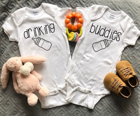 Twins Cricut Projects, Onesies For Twins, Twin Onsies Ideas, Funny Twin Announcement, Twin Announcement Ideas, Twin Boy Outfits, Twin Onesies Funny, Christian Onesies, Gift Ideas For Baby Girl