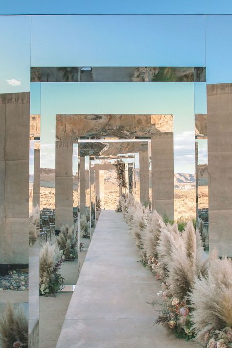 Desert weddings are trending and we can't get enough of them. See 11 desert wedding ideas that are anything but sparse. Mirror Wedding Decor, Desert Florals, Desert Wedding Ideas, Desert Disco, Mirror Arch, Desert Party, Utah Desert, Disco Wedding, Warehouse Wedding