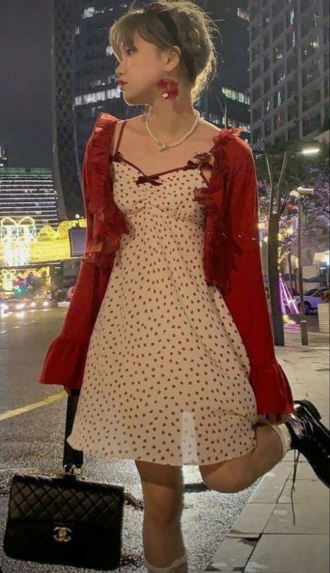 slip dress red outfit clothes clothing cloth red jacket pearl necklace cute pretty beautiful girl blonde hair winter newyork black boots red dress with bow Red Coquette, Red Outfits, Coquette Outfit, Cardigan Set, Floral Cami, Red Cardigan, Swaggy Outfits, Girly Outfits, Looks Vintage