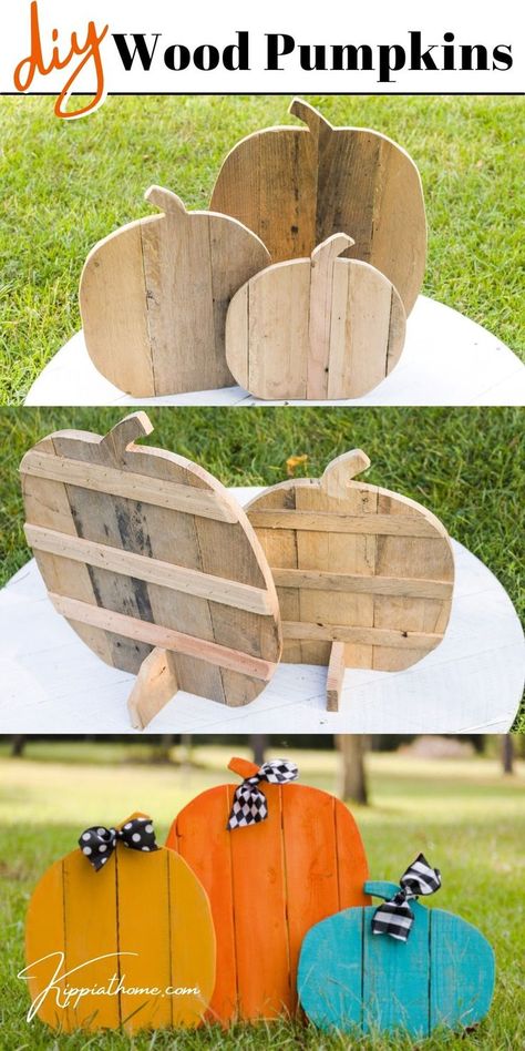 Three wooden standing pumpkins Halloween Decorations Wood Diy, Pallet Wood Pumpkins Diy, Pallet Board Pumpkins, Simple Pallet Projects Diy Crafts, Wooden Pumpkins Diy How To Make, Fall Yard Signs Wood Crafts, Outdoor Wood Pumpkins Diy, Easy Halloween Wood Projects, Diy Wooden Furniture Ideas