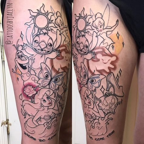 3,052 Likes, 54 Comments - Jackie Huertas  (@tattoosbyjaclyn) on Instagram: “Soooo I started a thing today!!! This is Laura's first tattoo!!!!  she didn't flinch once! This…” Disney Thigh Tattoo, Tattoos Disney, Disney Sleeve Tattoos, Fairy Star, Tato Tradisional, Disney Sleeve, New Tattoo Designs, Harry Potter Tattoos, Disney Tattoo