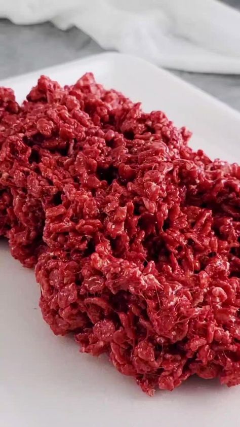 "Raw Meat" Rice Krispie Treats - made with red velvet cake mix 🥩 full recipe link in comments 👇🏼 #halloweentreats #halloweendesserts #easydessertideas | Persnickety Plates Meat Rice Krispie Treats, Raw Meat Rice Krispies Labels, Raw Meat Rice Krispie Treats, Raw Meat Rice Krispies, Rice Krispie Raw Meat, Rice Crispy Meat Halloween, Red Velvet “raw Meat” Rice Krispies Halloween Treat, Persnickety Plates, Raw Meat