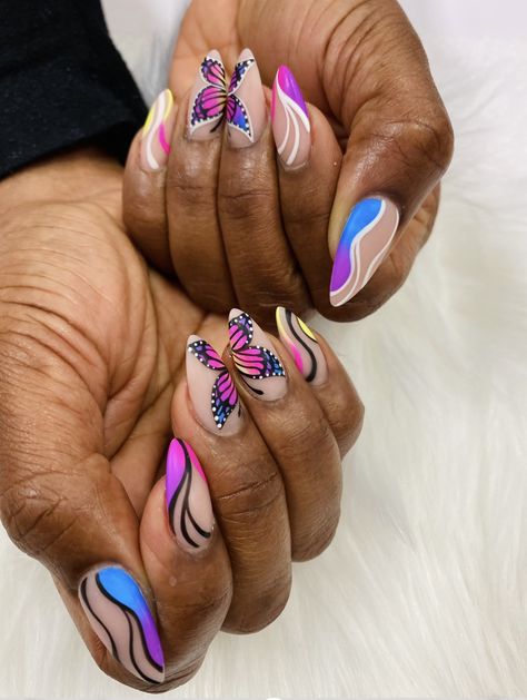 Bright Butterfly Nails, Baddie Almond Nails Summer, Cartoon Almond Nails, Neon Butterfly Nails, Bright Vacation Nails Neon, Vibrant Nails Summer 2024, Spring Nails Butterflies, Bright Summer Nails Designs Neon, Neon Abstract Nails