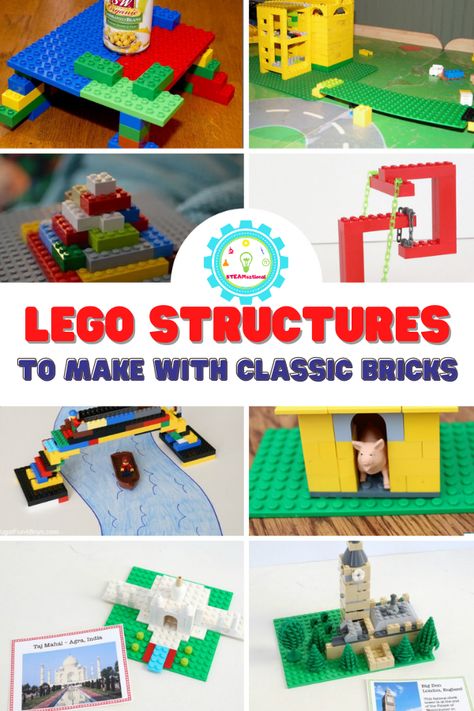 Lego Castle Ideas Easy, Things To Build With Legos, Lego Stem Activities, Lego Stem Challenge, Lego Eiffel Tower, Lego Bridge, Lego Police Station, Lego Engineering, Lego Structures