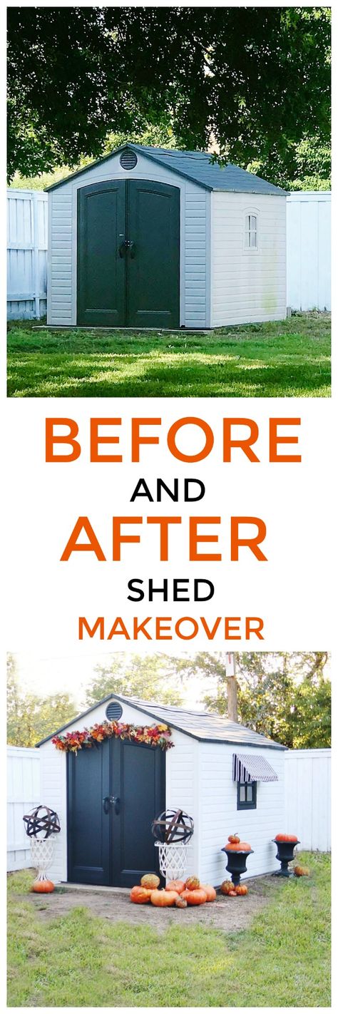 Have you ever thought about making over your garden shed? Here's a before and after of how we transformed our garden shed with paint and a new awning. #outdoordecor #outdoorinspirations #gardenshed #gardenshedideas #gardensheddesigns #beforeandafter #paint #diyhomedecor Decorate A Shed Exterior, Decorating A Shed Exterior, Outdoor Shed Decorating Ideas, Decorating Outside Of Shed, How To Decorate A Shed Outside, Decorate Shed Exterior, Outdoor Shed Decor, Resin Shed Makeover, Cute Garden Shed Ideas