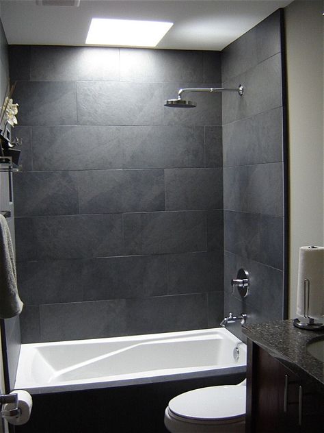 Slate Tile Bathroom Ideas - Design Corral Stone Tile Bathroom Wall, Grey Stone Tile Bathroom, Grey Slate Bathroom, Small Grey Bathrooms, Slate Bathroom, Stone Tile Bathroom, Gray Shower Tile, Grey Bathroom Tiles, White Toilet