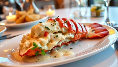 lobster thermidor recipe Thermidor Sauce Recipes, Prawn Thermidor, Lobster Thermidor Recipe, Lobster Stock, Lobster Thermidor, Frozen Lobster, Lobster Dishes, Roasted Baby Potatoes, Live Lobster