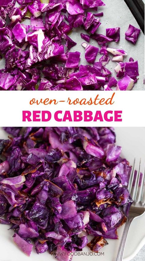 roasted red cabbage on a white plate with a fork Purple Cabbage Recipes, Roasted Red Cabbage, Red Cabbage Recipes, Yummy Vegetable Recipes, Red Cabbage Salad, Roasted Cabbage, Vegan Roast, Purple Cabbage, Tea Party Food