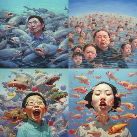 Fang Lijun style in Midjourney AI (V5.1, V5, V4, niji 5) | Painters | | Chinese contemporary artist | One of the most important and influential artists of the Chinese contemporary art scene, Fang Lijun (b. 1963) is most famous for his images of bald men—often depicted in large groups, in a variety of settings and poses, often in a humorous and satirical way. Midjourney generations with his name inherit Fang Lijun's expressive brushstrokes, the use of a deep, contrasty color palette, and weir... Fang Lijun, Cynical Realism, Surreal Animals, Artist Portraits, Chinese Contemporary Art, William Hogarth, Hieronymus Bosch, Bald Men, Cyberpunk Character