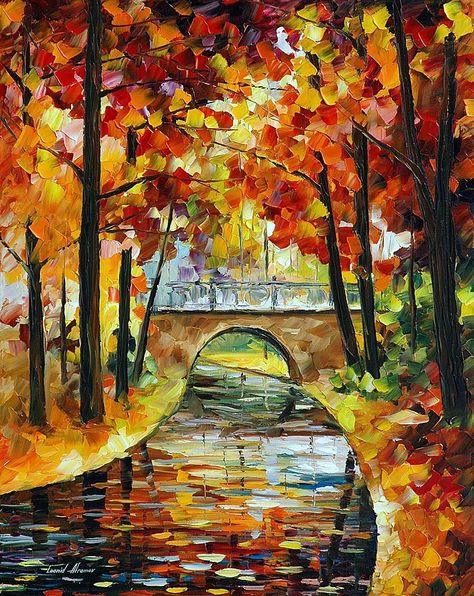 Leonid Afremov, Canvas Oil Painting, Fall Watercolor, Autumn Scenes, Palette Knife Painting, Leonid Afremov Paintings, Autumn Painting, Amazing Art Painting, Landscape Artist