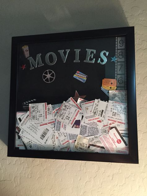 Movie Ticket Ideas Diy Memories, Movie Ticket Stubs Display, Marvel Shadow Box Ideas, Movie Ticket Shadow Box Diy, Movie Ticket Display, Ticket Shadow Box Ideas, Movie Lover Gift Ideas, Diy Birthday Gifts For Boyfriend