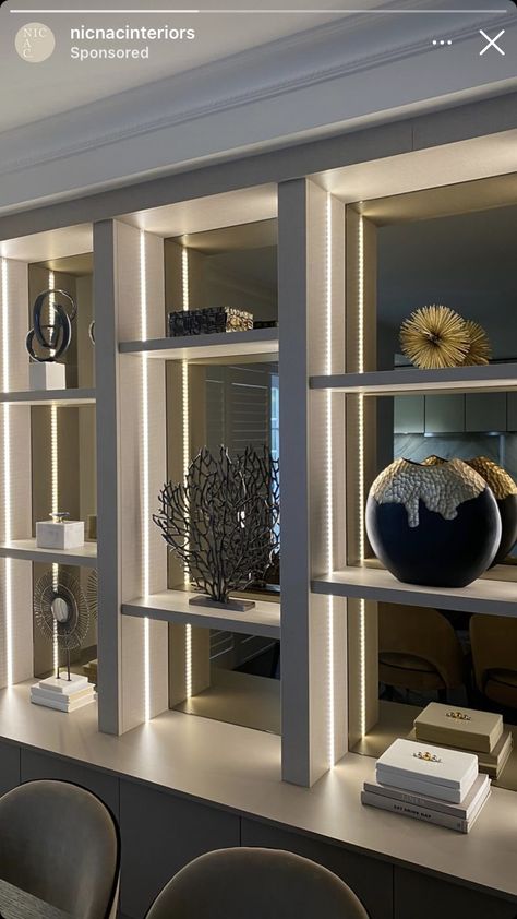 Shelving Unit Decor, Luxury Bookcase, Dark Mirror, Modern Office Space, Loft Interior Design, Apartment Makeover, Dinning Room Design, Luxury House Interior Design, Home Library Design