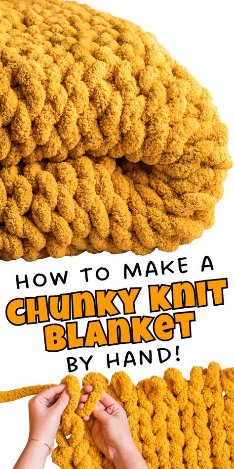 How to make a chunky hand knitted blanket Knit Blanket Tutorial, Chunky Hand Knit Blanket, Big Yarn Blanket, Finger Knitting Blankets, Chunky Blanket Diy, Chunky Blanket Pattern, Chunky Knit Blanket Pattern, Chunky Yarn Blanket, Finger Knitting Projects