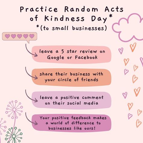 It's Random Acts of Kindness Day! To celebrate, we'd like to invite you to sprinkle a little kindness on your favorite small businesses! Your positive feedback makes a world of difference to businesses like ours! 🩷🧡❤️💛🩷 Comment "kind" for a link to leave a 5 star google review for us! It's easy and doesn't cost a thing! You can leave a 5 star review, share their facebook or instagram with your followers, or leave a nice comment on one of their posts! Together we can truly brighten a small b... Leave A Review Post, Random Acts Of Kindness Day, Review Post, Kindness Day, Leave A Review, Bakery Ideas, Google Review, Nice Comments, 5 Star Review