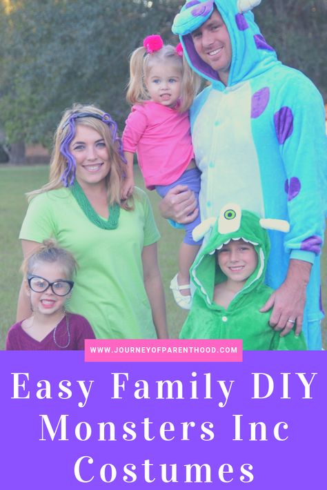 Super simple, easy DIY Monsters Inc Costumes for the whole family - perfect for Mickey's Not So Scary Halloween Party or a themed family halloween costume. Mike, Sully, Boo, Roz and Celia from Monsters INC. Roz Monsters Inc Costume, Celia Monsters Inc Costume, Monsters Inc Halloween Costumes, Monsters Inc Halloween, Family Themed Halloween Costumes, Halloween Costumes Diy Couples, Themed Halloween Costumes, Diy Monsters, Disney Halloween Costumes