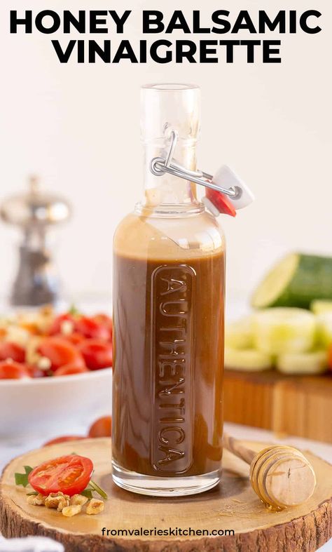 This sweet and tangy Honey Balsamic Vinaigrette takes just minutes to make and will take your salads to the next level! #salad #saladdressing #vinaigrette #balsamic #healthyrecipes Vinegrette Recipe, Balsamic Vinegrette, Salad Dressing Recipes Vinaigrette, Balsamic Vinegarette, Honey Balsamic Dressing, Honey Balsamic Vinaigrette, Balsamic Vinegar Dressing, Fresh Strawberry Recipes, Balsamic Vinaigrette Dressing