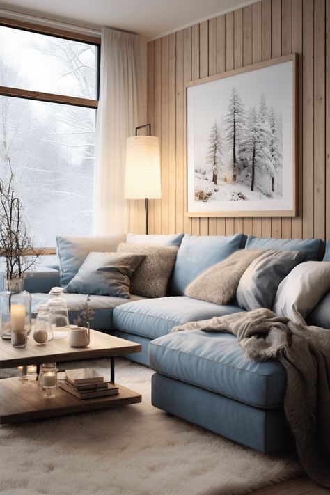 Blue Scandinavian Interior, Grey Blue Couch Living Room, Blue Scandinavian Living Room, Scandinavian Interior Blue, Tan And Blue Living Room, Blue Couch Living Room Colour Schemes, Blue Sofa Living Room Ideas, Blue Sofa Living Room, Dark Green Living Room