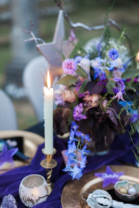 Space Themed Floral Arrangements, Celestial Wedding Flowers, Ultraviolet Wedding, Jervaulx Abbey, Ballgown Dresses, Crystal Centerpieces Wedding, Periwinkle Wedding, Ethical Wedding, Crystal Centerpieces