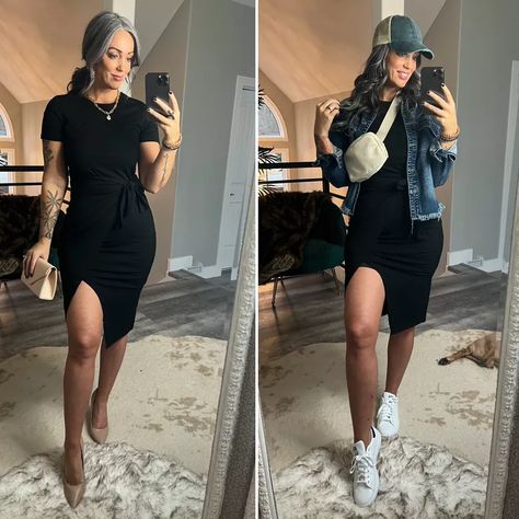 Date Night Outfit Sneakers, Black Dress Nude Heels, Bodycon Dress With Jacket, Dresses With Tennis Shoes, Dress Jean Jacket, Belt Bag For Women, Camp Dress, Black Tshirt Dress, White Sneakers Outfit