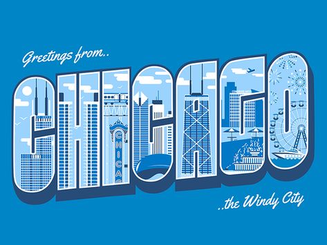 Chicago Themed Party, Greetings From Chicago, Chicago Graphic Design, Postcards Inspiration, Postcard Mailer, Graphic Deisgn, Chicago Landmarks, Journal Stuff, Travel Postcard