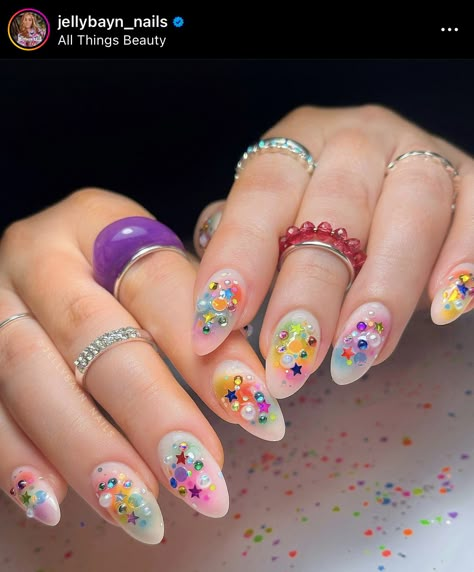 Pink Confetti Nails, Rainbow Nail Ideas, Cake Nails, Rainbow Nail, Confetti Nails, Nails Yellow, Retro Nails, Rope Hair, Cat Eye Nails