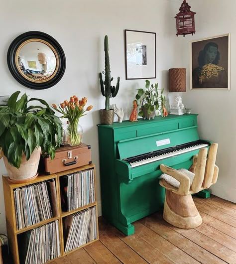 AntoniaDreaming✨ on Instagram: "Thank you Facebook Marketplace for making all my weird piano chair dreams come true 🤟🏽 #greenpiano" Small Space Music Studio, Drums In Living Room, Mid Century Modern Music Studio, Keyboard In Living Room, Stand Up Piano, Boho Piano, Small Piano Room, Piano Bookshelf, Small Music Room