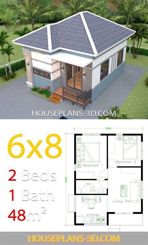 House Design 6x7 With 2 Bedrooms - House Plans 3D House Plans 3d, Gable Roof House, One Bedroom House Plans, One Bedroom House, Little House Plans, Affordable House Plans, Roof House, 2 Bedroom House Plans, Simple House Design