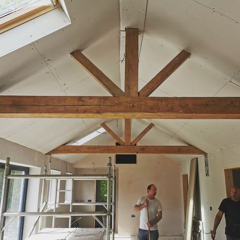 Hollowed oak beams to cover steels, pipes and cables. Visit our site for more info Vaulted Ceiling Garage Conversion, Steel Beam Cover Ideas, Open Beams Ceiling, Beamed Ceilings Vaulted, Lakehouse Inspiration, Rear Kitchen Extension, Beam Ideas, Vaulted Ceiling Beams, Bungalow Conversion