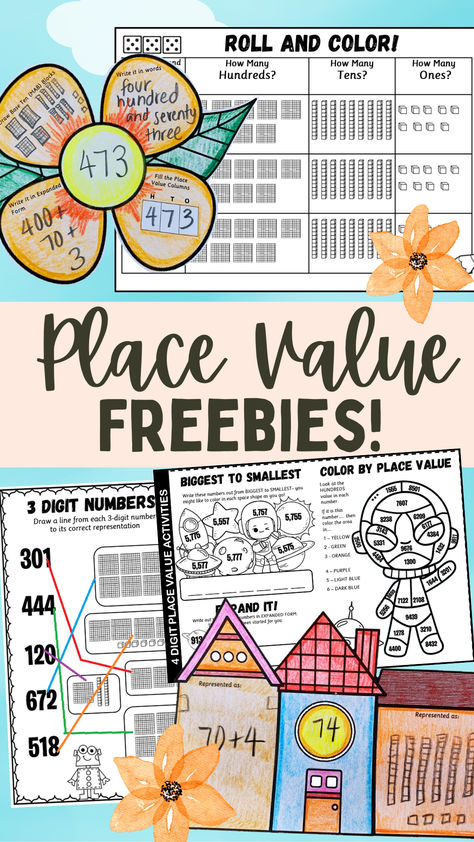 Looking for engaging 1st grade or 2nd grade place value resources?  These FREE worksheets, crafts and activities are a great way to get you started!  Ideal for place value centers, early finishers or for making a classroom place value bulletin board.  Covering 2-digit, 3-digit and 4-digit activities and offering differentiatio.  Some no prep fun ways to get your place value started in first or second grade!  Who doesn't love Free place value activities? 2nd Grade Place Value Anchor Chart, 1st Grade Place Value Anchor Chart, Fun Place Value Activities 2nd Grade, Place Value Classroom Transformation, 2 Digit Place Value Activities, Place Value For 2nd Grade, Place Value Art Project 2nd Grade, How To Teach Place Value First Grade, Teaching Place Value 1st Grade