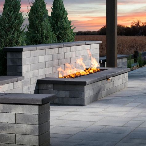 Outdoor Fire Wall Feature, Fire Pit With Retaining Wall, Planter Seat, Beach House Outside, Fire Feature Wall, Fire Pit Wall, Patio Design Ideas, Wall Fires, Paver Designs