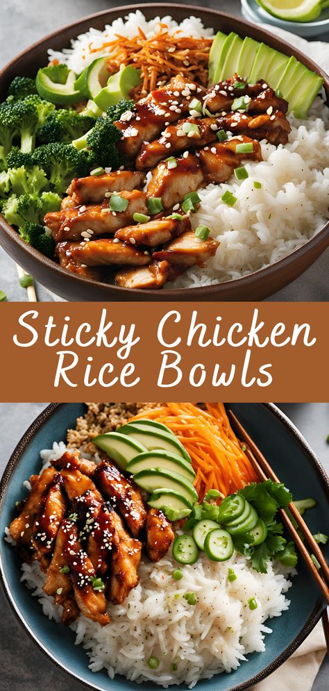 Sticky Chicken Rice Bowls Recipe | Cheff Recipes Chicken And Rice Asian Recipes, Recipes With Chopped Chicken, Yummy Rice Bowls, Quick And Easy Dinner Meals For Two, Food For Family Dinners, Easy Dinner Recipes For The Week, Dinner Recipe For 2, Healthy Family Lunch, Easy Dinner Weeknight Meals