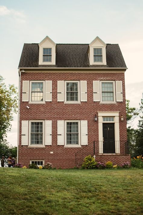 Red Brick White Shutters, Red Brick Houses With Shutters, Red Brick House White Shutters, White Shutters On Brick House, Brick House White Shutters, Red Brick Black Roof, Brick House Shutters, Partial Brick House Exterior, Brick House With Shutters