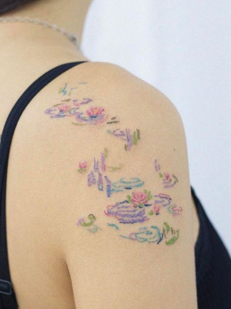 Oil Pastel-Style Tattoos Are The Latest Trend For Art World Chic Monet Tattoo, Pastel Tattoo, Water Lily Tattoos, Ethereal Nature, Pastel Style, Funky Tattoos, Cute Tats, Water Tattoo, Tattoo Flash Sheet