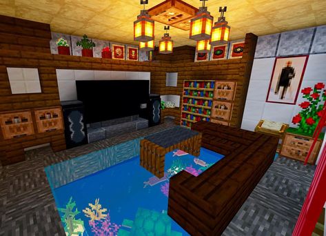 Loft Bed Apartment, Minecraft Tv Ideas, Minecraft Tv Designs, Inside Minecraft Houses Ideas, Minecraft Interior Design Living Rooms, Apartment Flooring, Minecraft House Interior Ideas, Tv Minecraft, Living Room Minecraft