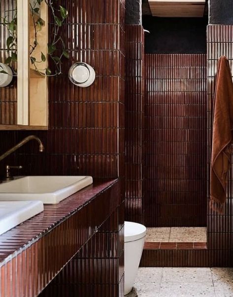 Toilet Design Aesthetic, Brown House Aesthetic, Brown Tiles Bathroom, Brown Bathroom Tiles, Bathroom Brown Tile, Mahogany Bathroom, Brown Tile Bathroom, Brown Bathroom Ideas, Tiled Bathroom