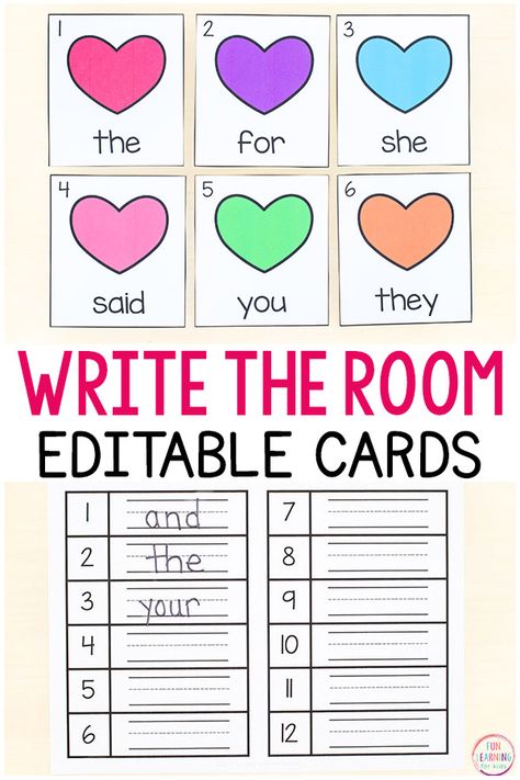 Free printable Valentine's Day write the room activity with editable cards! A fun editable sight word learning activity for kindergarten and first grade literacy centers. #kindergarten #firstgrade #literacycenters Valentine Literacy Activities, First Grade Literacy Centers, First Grade Literacy, Valentines Writing, Kindergarten February, Kindergarten Valentines, Write The Room, Preschool Valentines, Kindergarten Fun