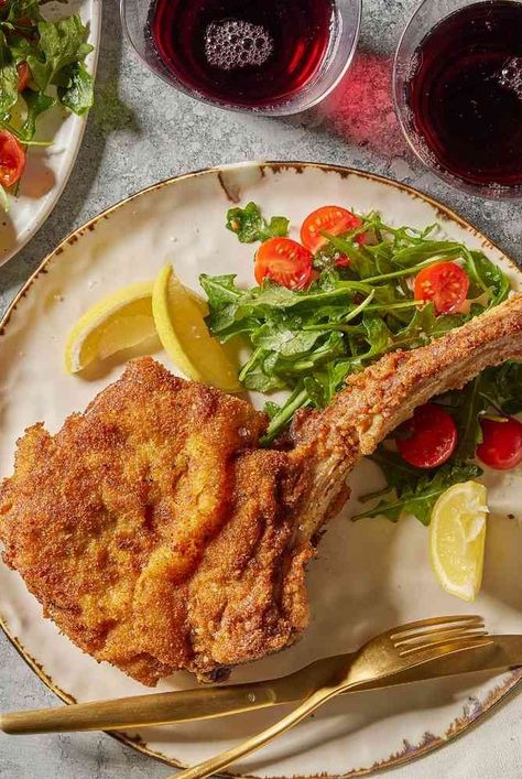 This veal Milanese recipe is a classic version, with a bone-in veal chop breaded and pan-fried until golden brown, then served with a light salad. Veal Chops, Veal Milanese, Milanese Recipe, Veal Chop, Veal Recipes, Quick Side Dishes, 2024 Recipes, Stanley Tucci, Light Salad