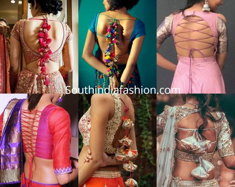 Tie backs on your blouse can be a very plain with just a string or even strings with heavy tassels. backless blouse with dori, blouse dori designs Dori Blouse Designs Latest, Blouse Dori Designs, Dori Designs, Dori Blouse, Princess Cut Blouse Design, Fancy Tie, Latest Saree Blouse, Boat Neck Blouse Design, Backless Blouse Designs