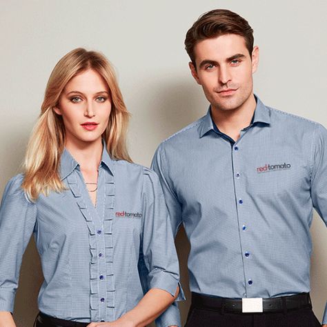 Corporate Shirts Uniform, Uniform Ideas Staff, Corporate Uniforms Offices, Uniform Design Staff Office, Staff Uniform Ideas, Company Uniform Design, Front Office Uniform, Corporate Uniform Design, Corporate Shirt Design