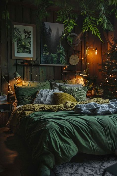 Transform your bedroom into a cozy haven with th #Your #into #Outdoor #Oasis #Kitchens #Apartment #HomeStyle #InteriorInspo #HomeIdeas #Embracing #Eclectic #an #Eclectic #Transforming #Charm #HomeInspiration Dark Forestcore Bedroom, Forestcore Bedroom, Boho Jungle Bedroom, Forest Green Bedrooms, Outdoor Apartment, Blue Green Bedrooms, Dark Bedrooms, Dark Green Rooms, Moody Bedroom Ideas