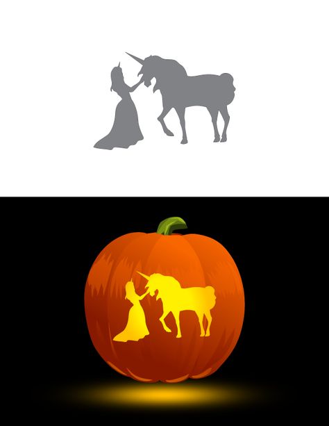 Printable Princess And Unicorn Pumpkin Stencil Pumpkin Carving Unicorn, Pumpkin Carving Ideas Kids, Unicorn Pumpkin Carving, Unicorn Pumpkin Stencil, Free Pumpkin Stencils, Princess And Unicorn, Pumpkin Carving Idea, Printable Pumpkin Stencils, Pumpkin Stencils Free